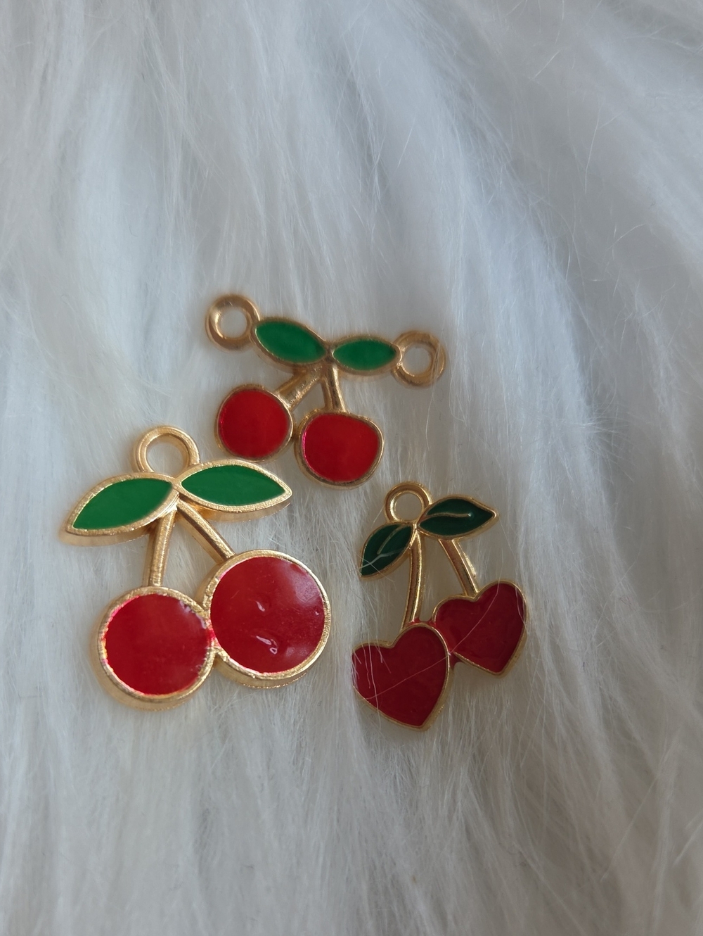 Gold Tone Cherry Enamel Charms - Red and Green